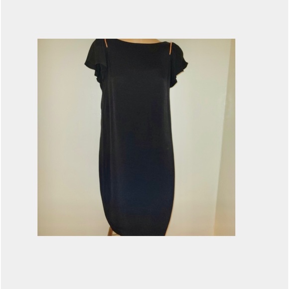 BASIC DRESS SMALL NEW VISCOSE-LINED BLACK CRAPE DRESS WITH ROSE DETAIL - Picture 14 of 14